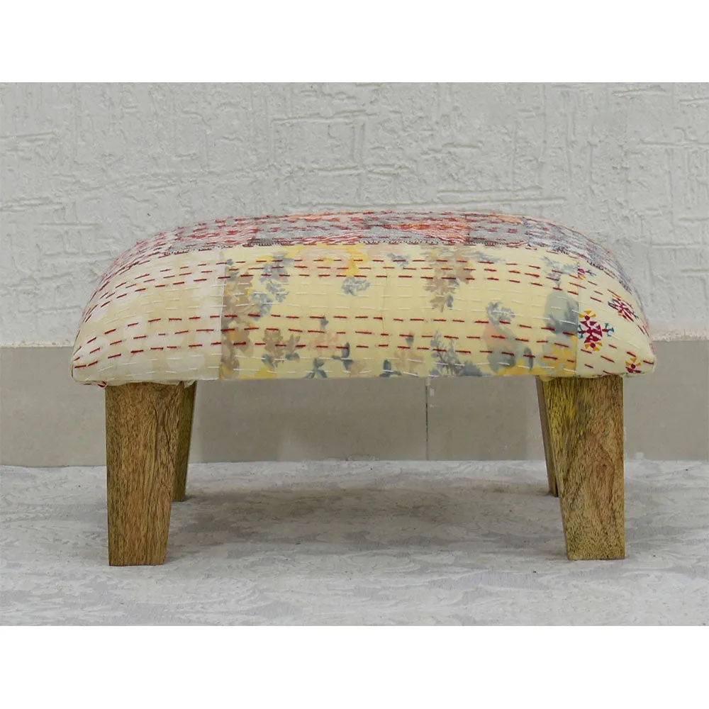 White Kantha Gudri Patchwork Multipurpose Stool/Square Pouffe/Ottoman Single Piece