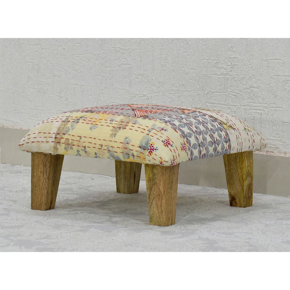 White Kantha Gudri Patchwork Multipurpose Stool/Square Pouffe/Ottoman Single Piece