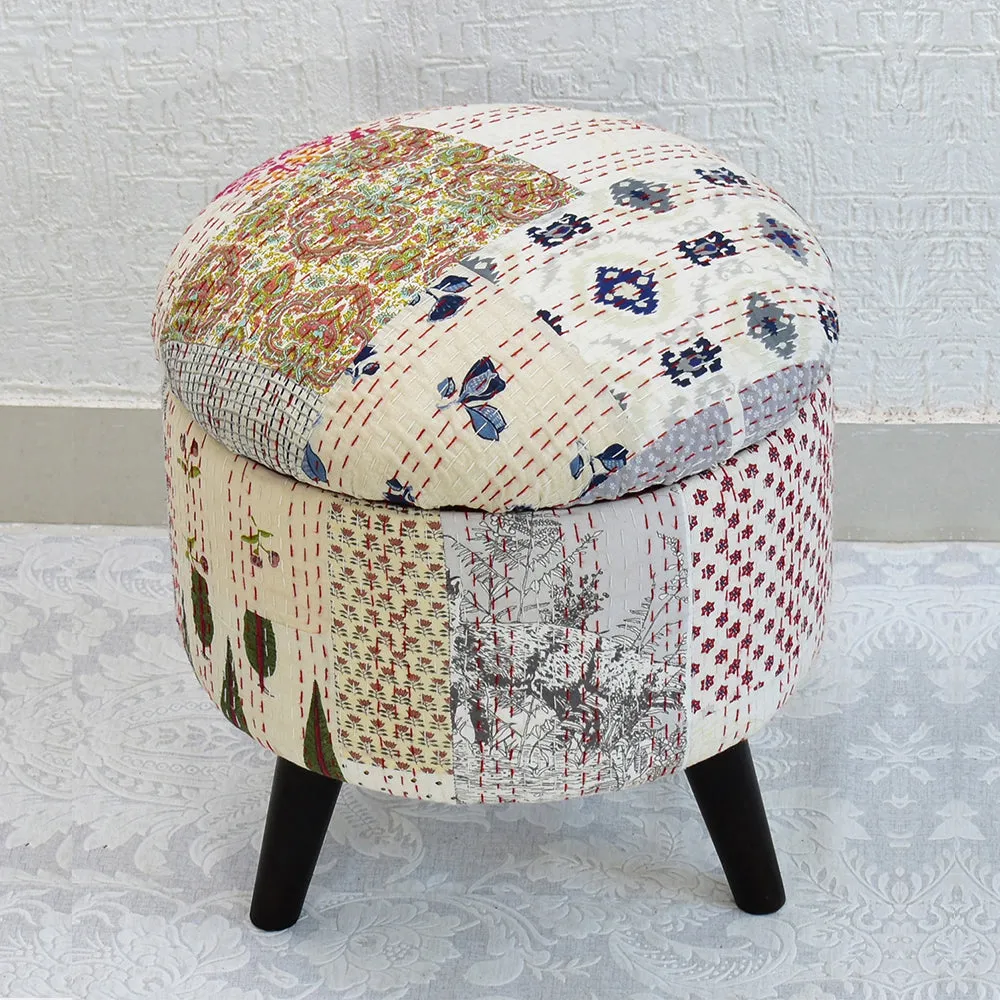 White Kantha Gudri Patchwork Storage Stool/Pouffe/Ottoman Single Piece