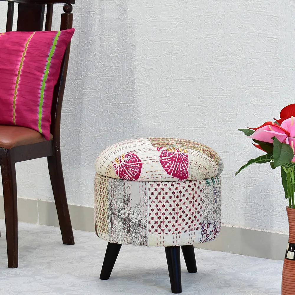White Kantha Gudri Patchwork Storage Stool/Pouffe/Ottoman Single Piece