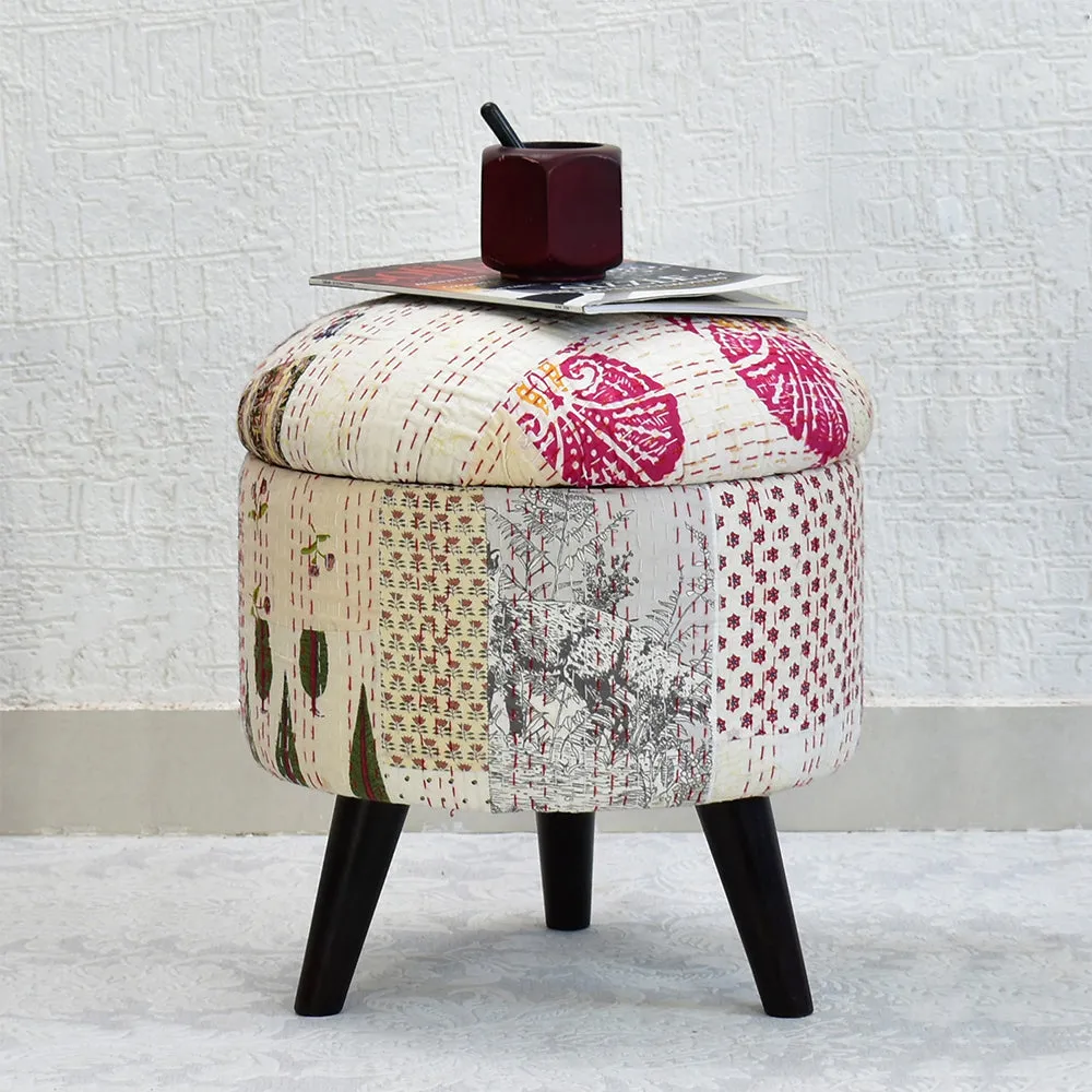 White Kantha Gudri Patchwork Storage Stool/Pouffe/Ottoman Single Piece