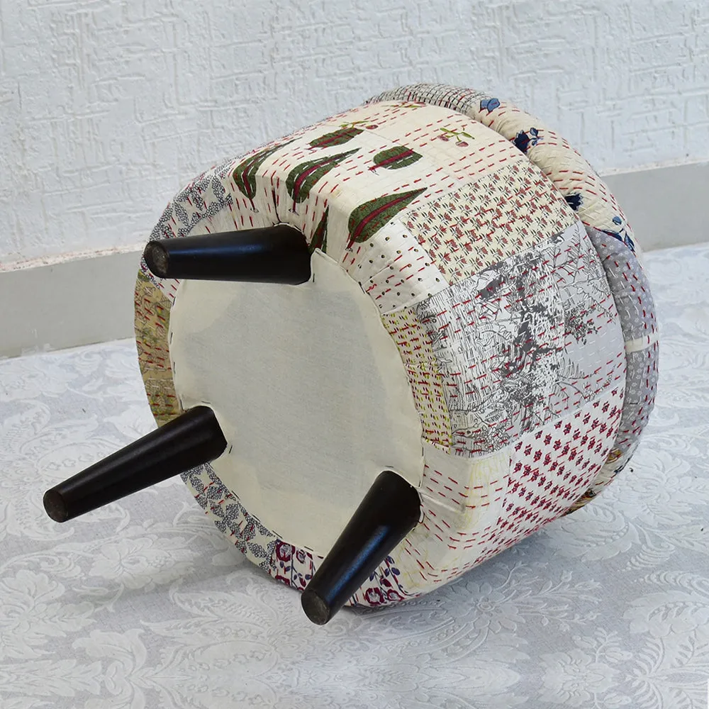 White Kantha Gudri Patchwork Storage Stool/Pouffe/Ottoman Single Piece