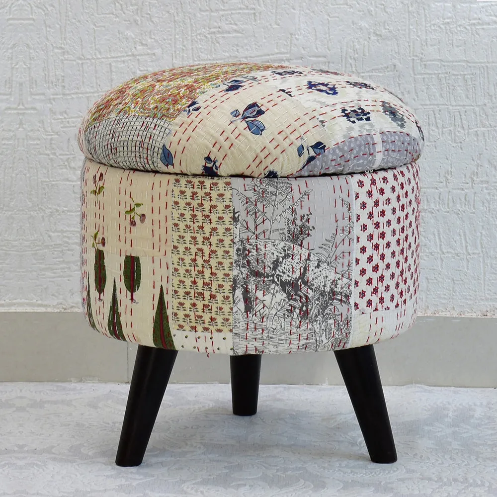 White Kantha Gudri Patchwork Storage Stool/Pouffe/Ottoman Single Piece