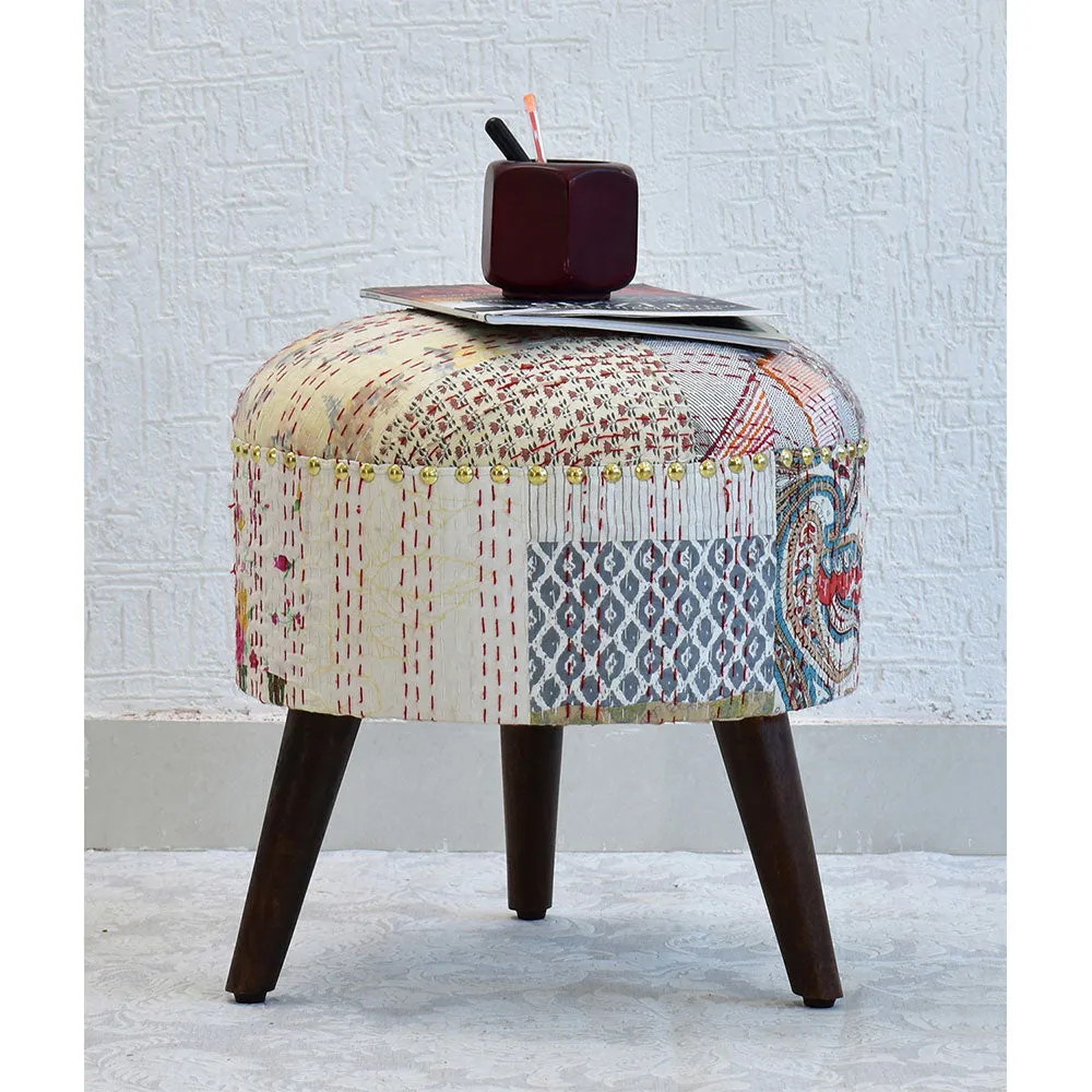 White Kantha Gudri Patchwork Three Legged Stool/Pouffe/Ottoman Single Piece