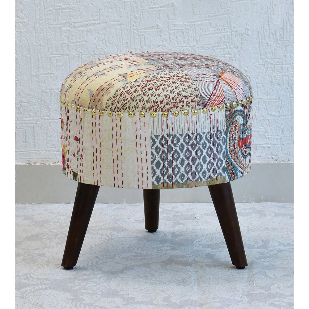 White Kantha Gudri Patchwork Three Legged Stool/Pouffe/Ottoman Single Piece