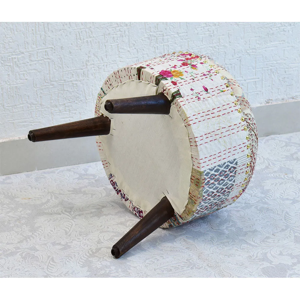 White Kantha Gudri Patchwork Three Legged Stool/Pouffe/Ottoman Single Piece