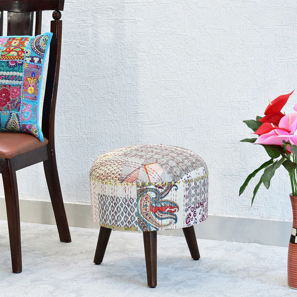 White Kantha Gudri Patchwork Three Legged Stool/Pouffe/Ottoman Single Piece
