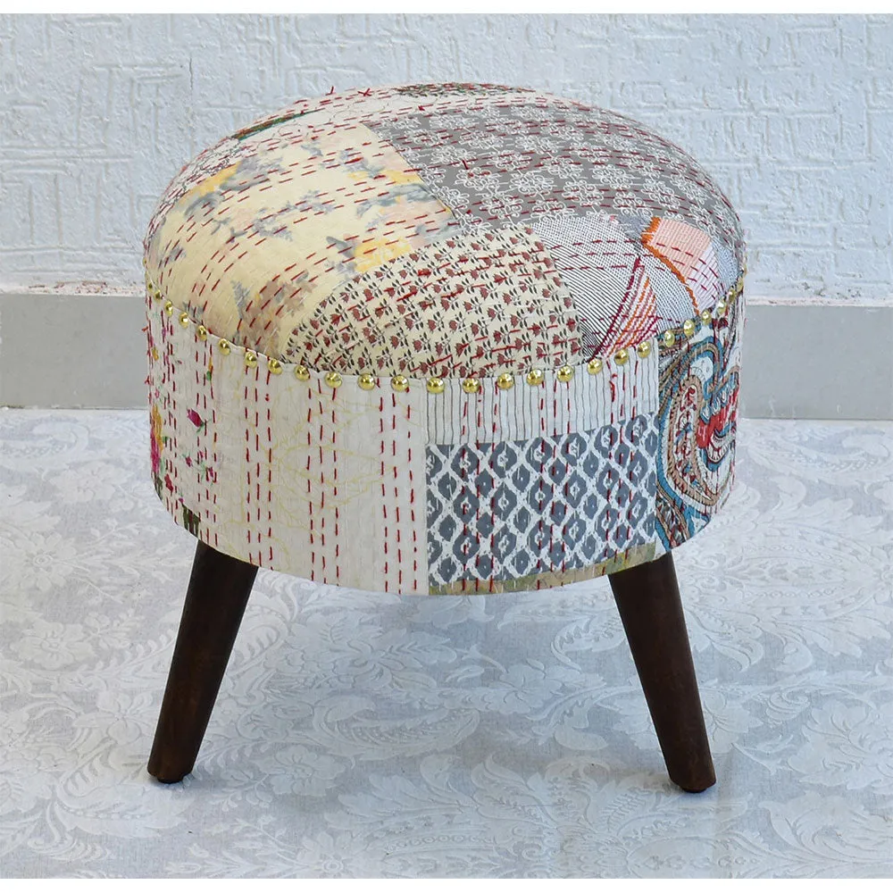 White Kantha Gudri Patchwork Three Legged Stool/Pouffe/Ottoman Single Piece