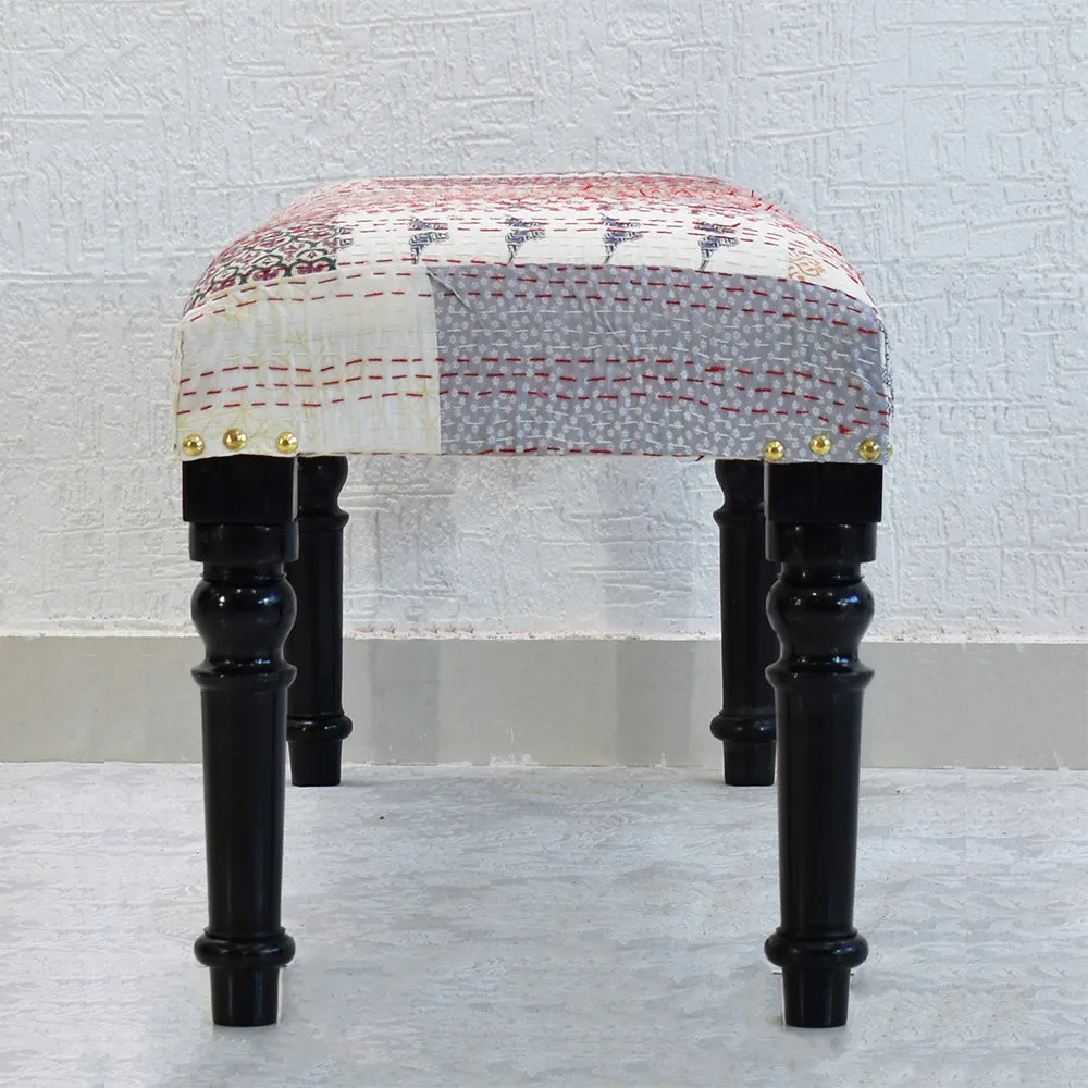 White Kantha Gudri Patchwork Upholstery Multipurpose Bench