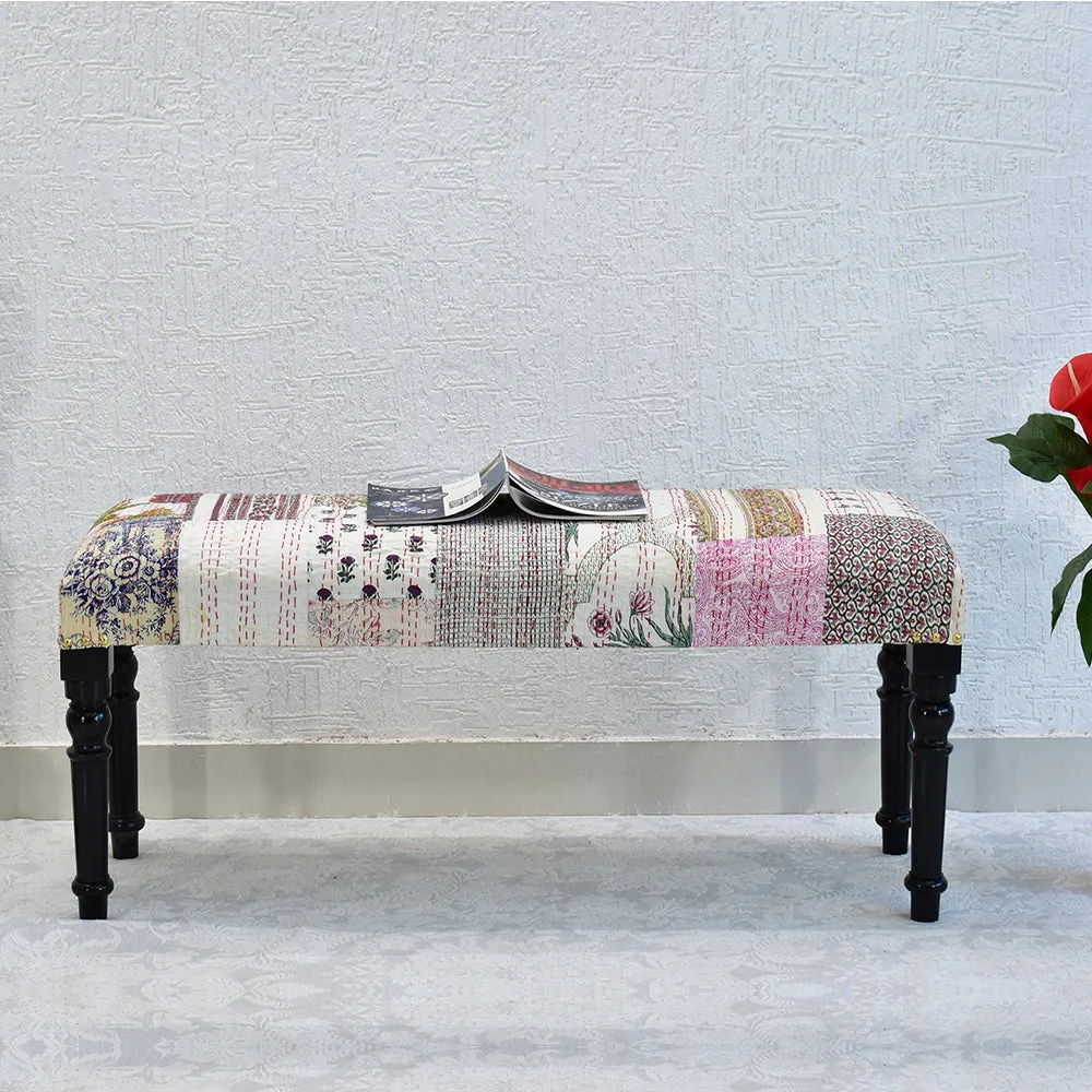 White Kantha Gudri Patchwork Upholstery Multipurpose Bench