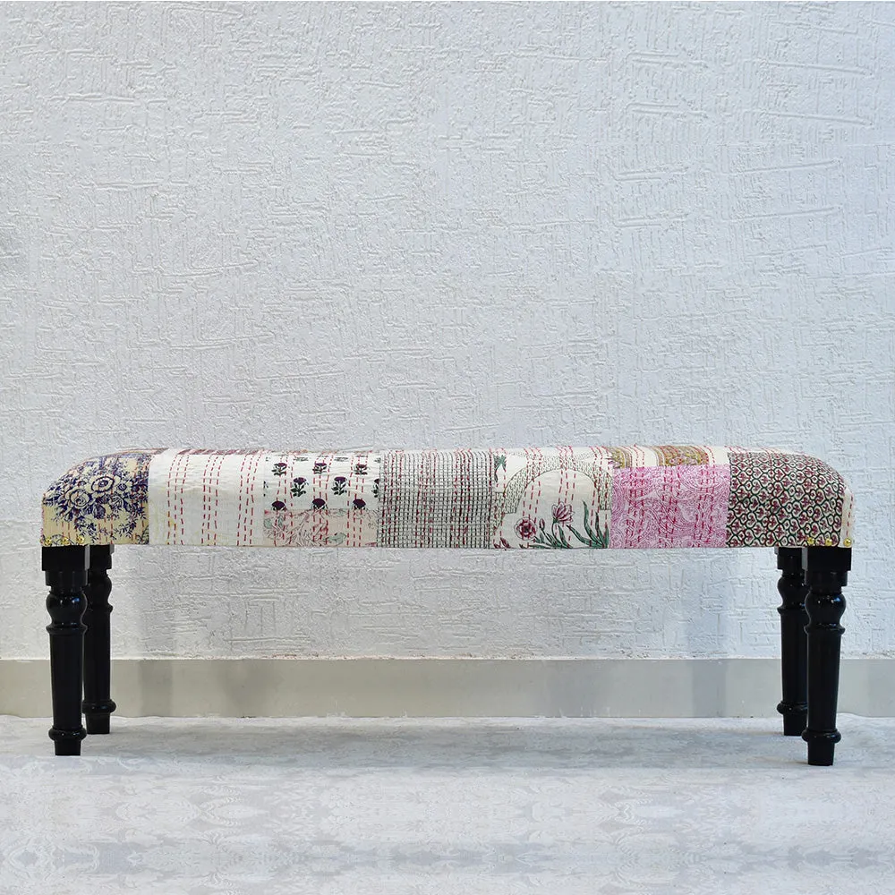 White Kantha Gudri Patchwork Upholstery Multipurpose Bench