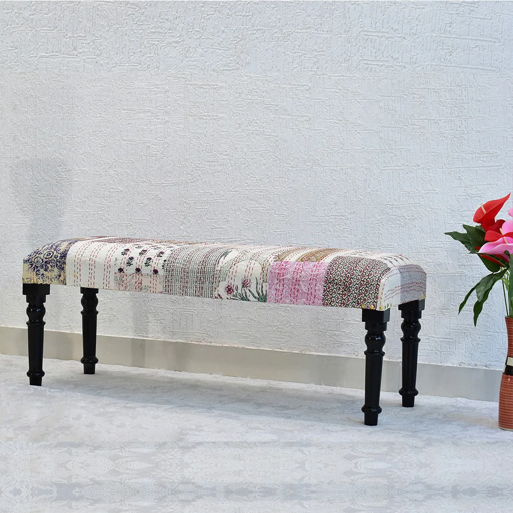 White Kantha Gudri Patchwork Upholstery Multipurpose Bench
