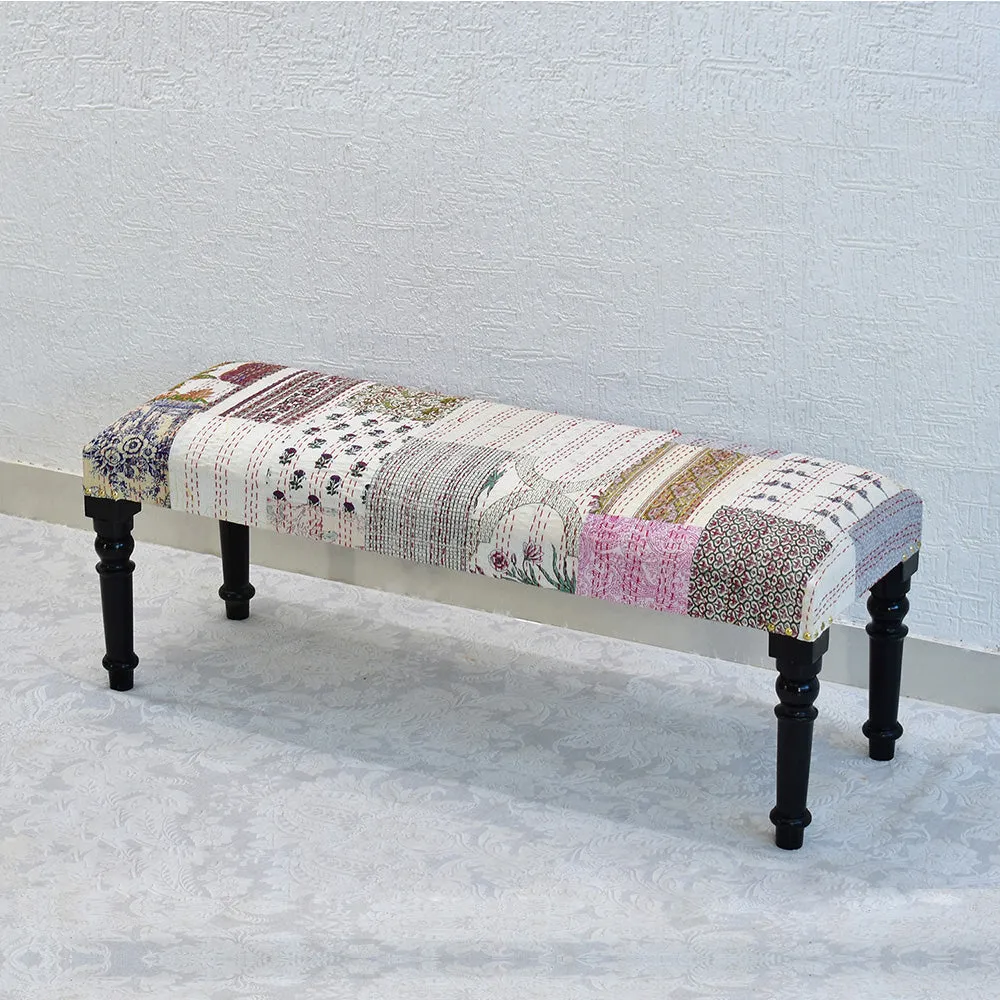 White Kantha Gudri Patchwork Upholstery Multipurpose Bench