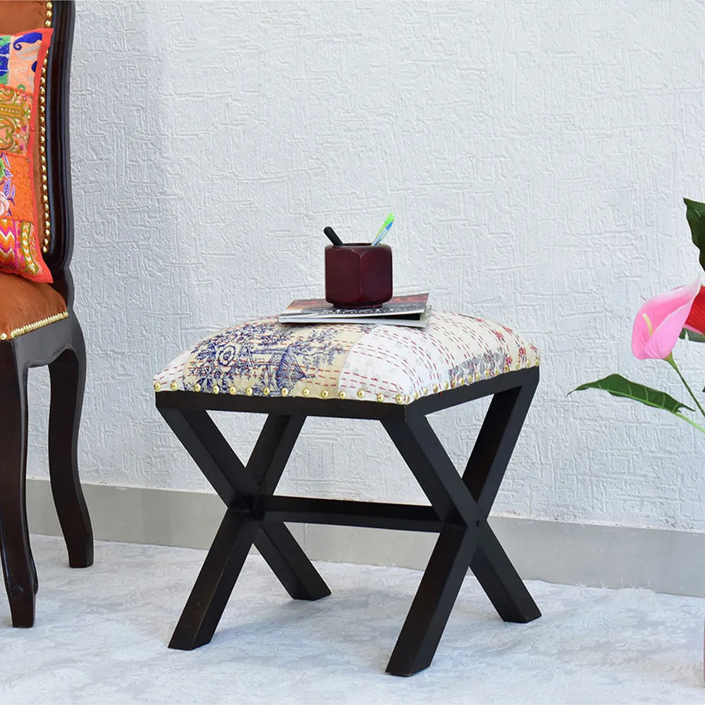 White Kantha Gudri Patchwork X Shape Stool/Square Pouffe/Ottoman Single Piece