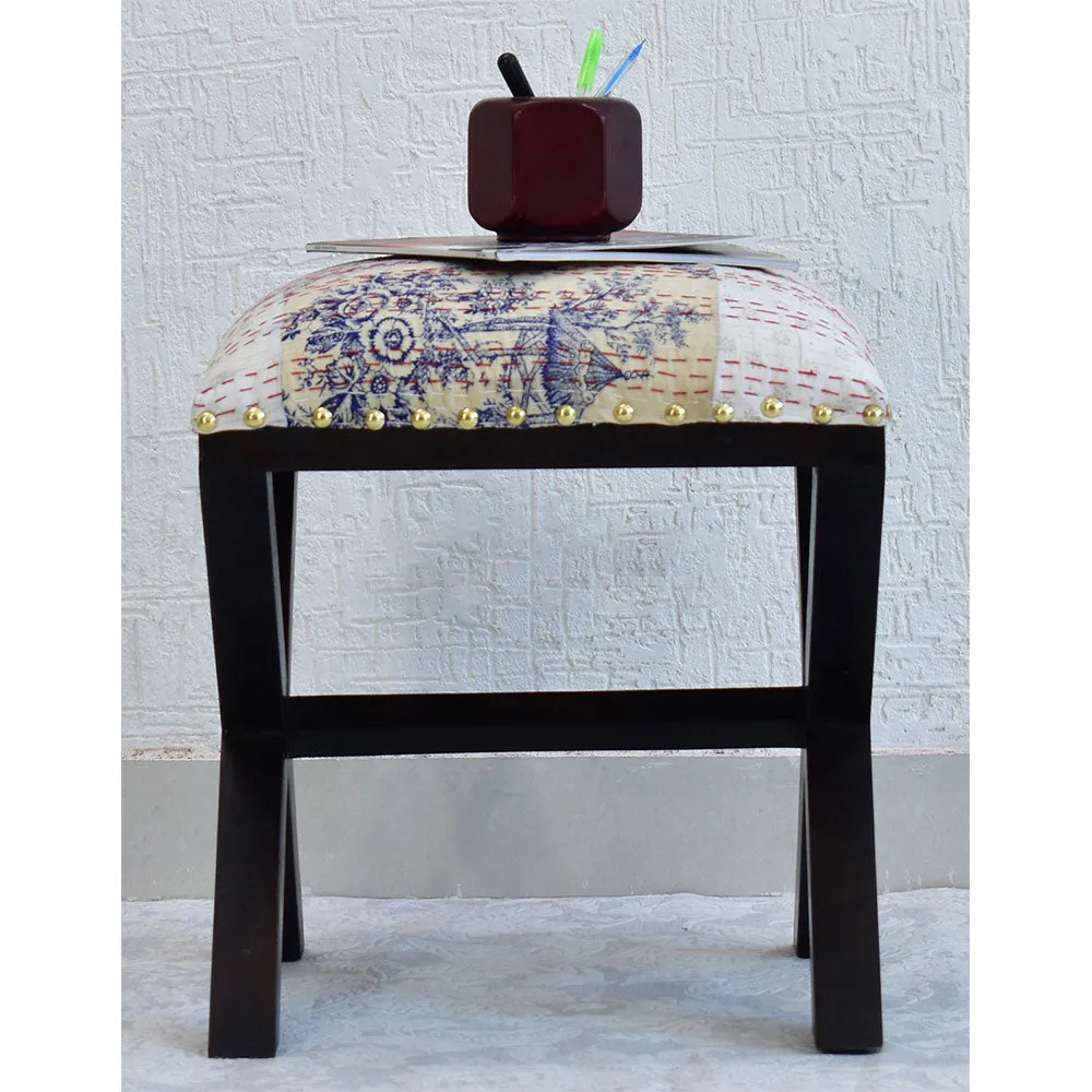 White Kantha Gudri Patchwork X Shape Stool/Square Pouffe/Ottoman Single Piece