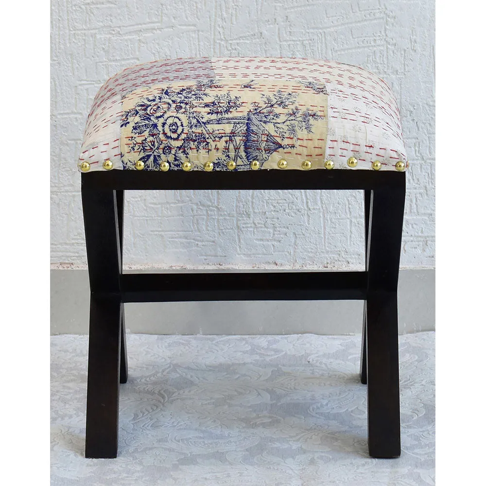 White Kantha Gudri Patchwork X Shape Stool/Square Pouffe/Ottoman Single Piece