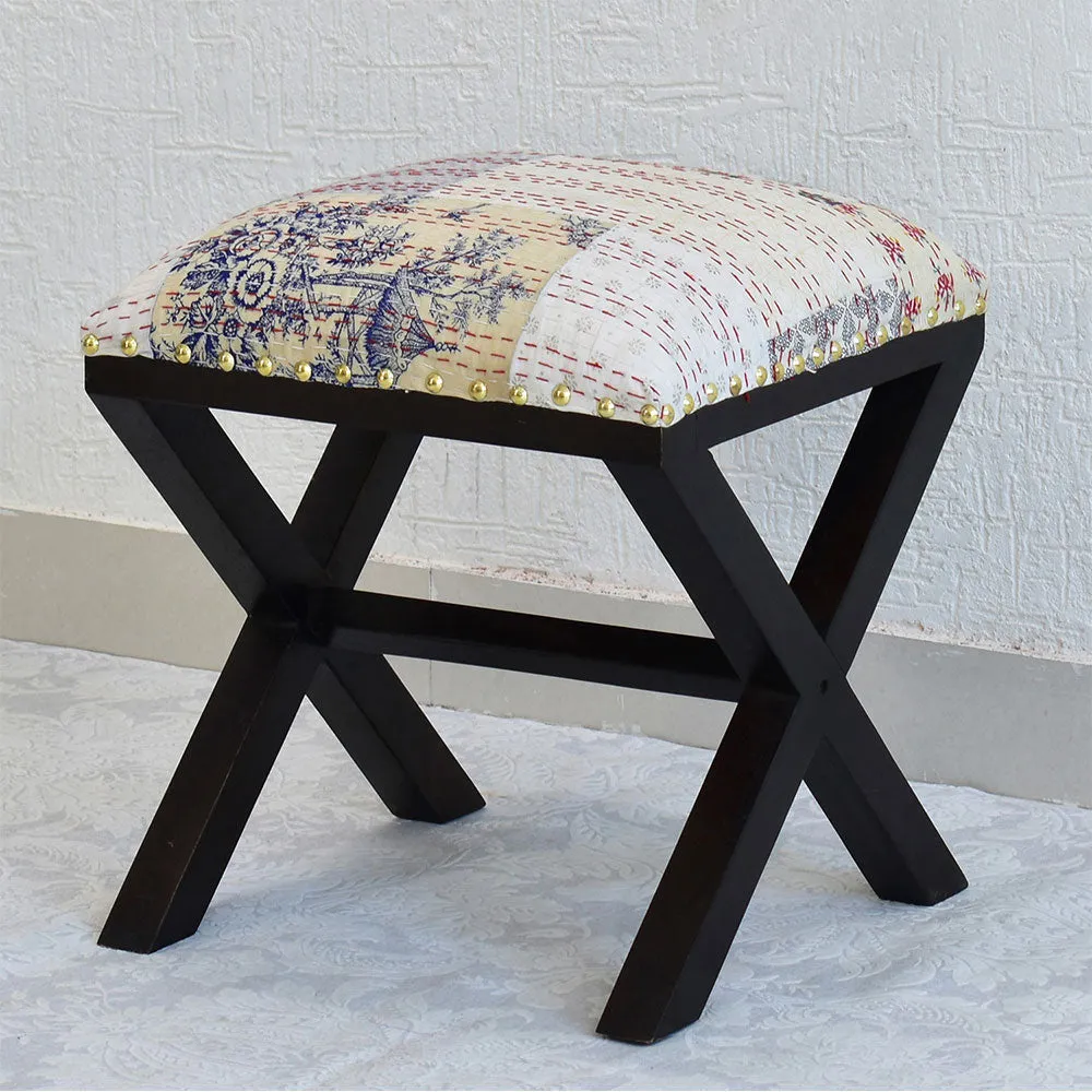 White Kantha Gudri Patchwork X Shape Stool/Square Pouffe/Ottoman Single Piece