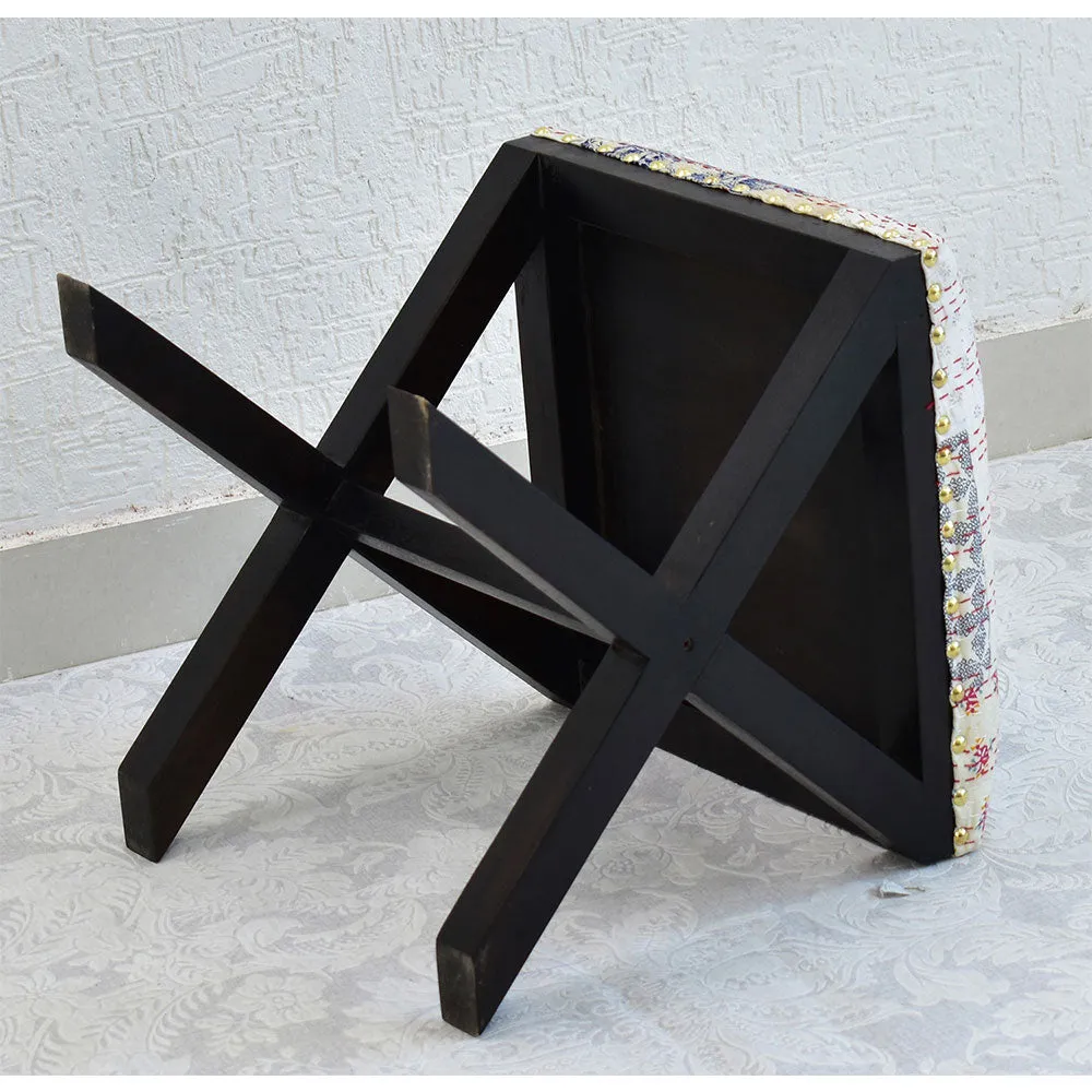 White Kantha Gudri Patchwork X Shape Stool/Square Pouffe/Ottoman Single Piece