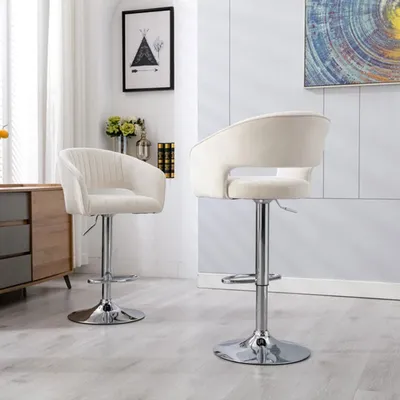 White Plush Feel Velvet Adjustable Bar Stool