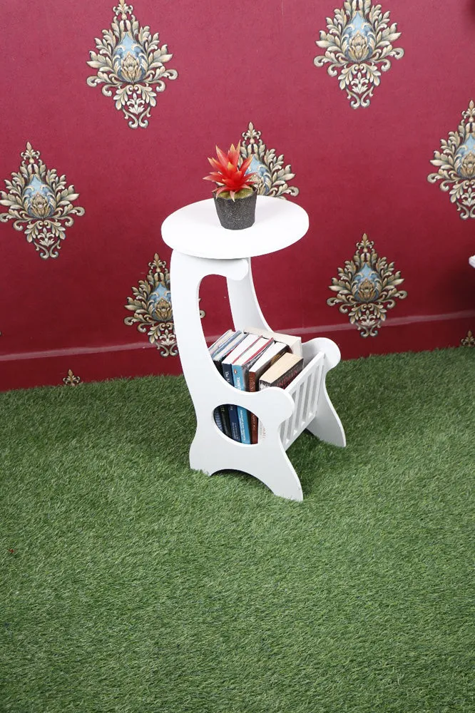 White Side Table with Book Shelf Single Piece