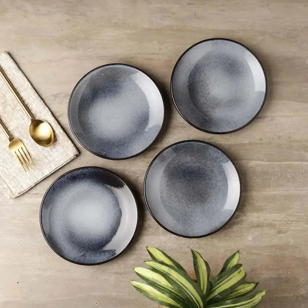 White Sprayed Black Decorative Ceramic Quater Plates Set Of 4