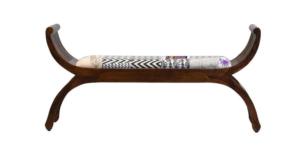 White Traditional Kantha Gudri Patchwork Natural Brown Wooden Two Seater Sofa