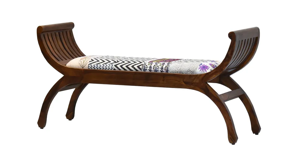 White Traditional Kantha Gudri Patchwork Natural Brown Wooden Two Seater Sofa