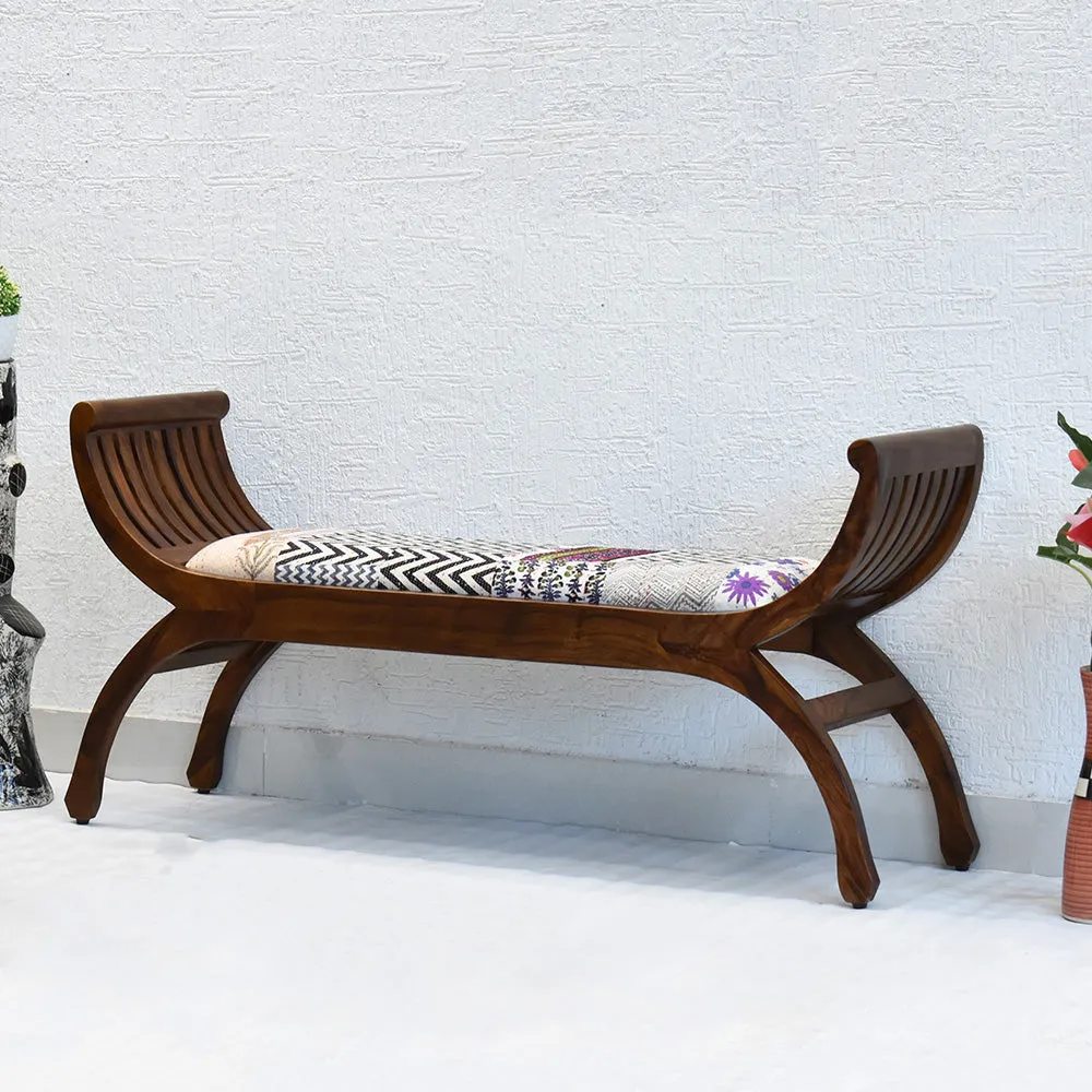 White Traditional Kantha Gudri Patchwork Natural Brown Wooden Two Seater Sofa