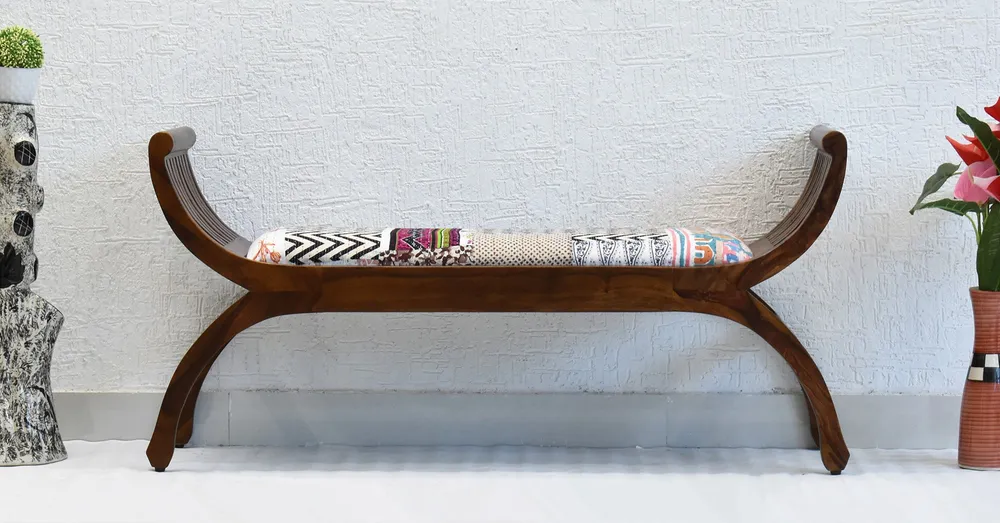 White Traditional Kantha Gudri Patchwork Natural Brown Wooden Two Seater Sofa
