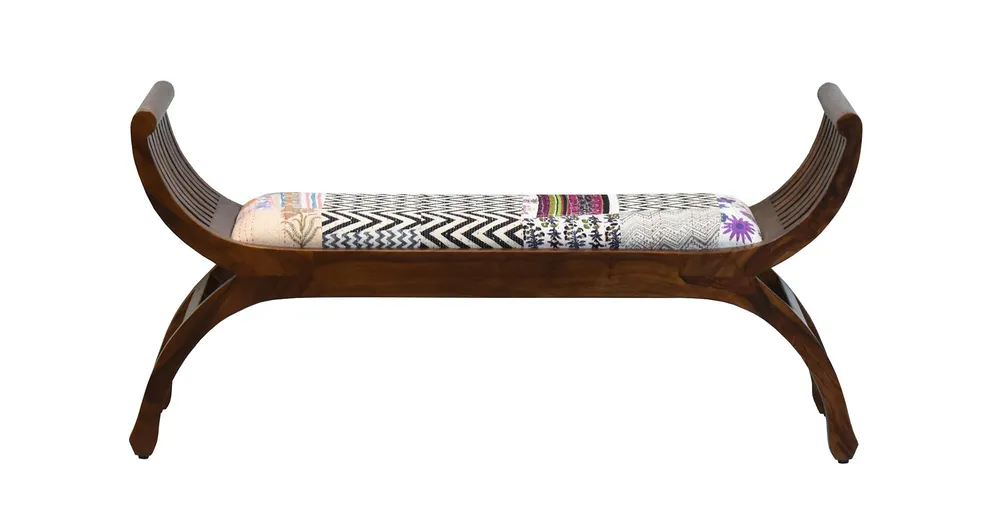 White Traditional Kantha Gudri Patchwork Natural Brown Wooden Two Seater Sofa