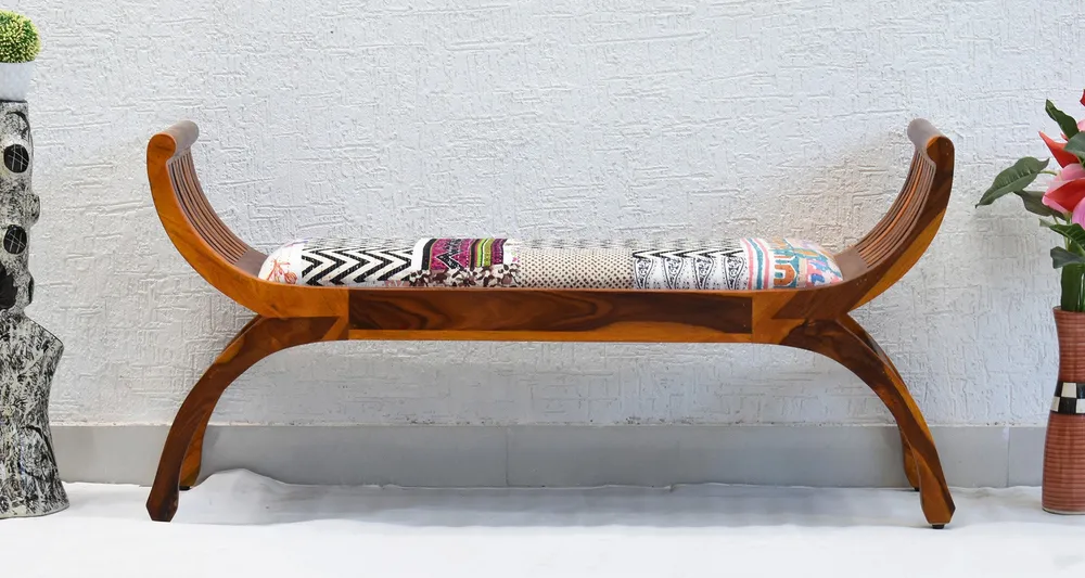 White Traditional Kantha Gudri Patchwork Yellow Brown Wooden Two Seater Sofa