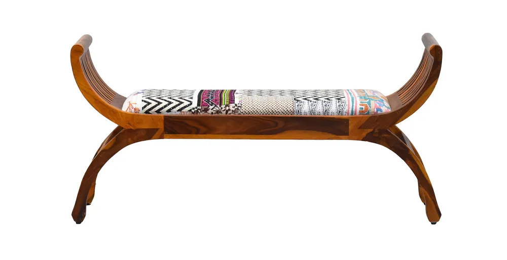 White Traditional Kantha Gudri Patchwork Yellow Brown Wooden Two Seater Sofa