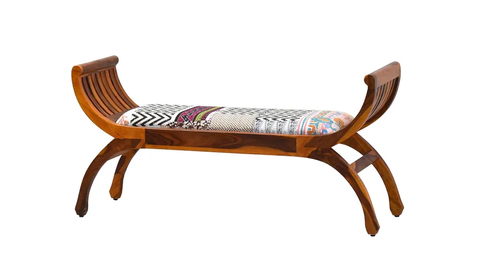 White Traditional Kantha Gudri Patchwork Yellow Brown Wooden Two Seater Sofa