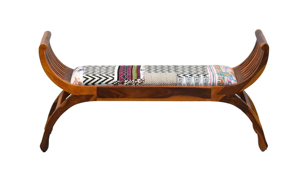 White Traditional Kantha Gudri Patchwork Yellow Brown Wooden Two Seater Sofa