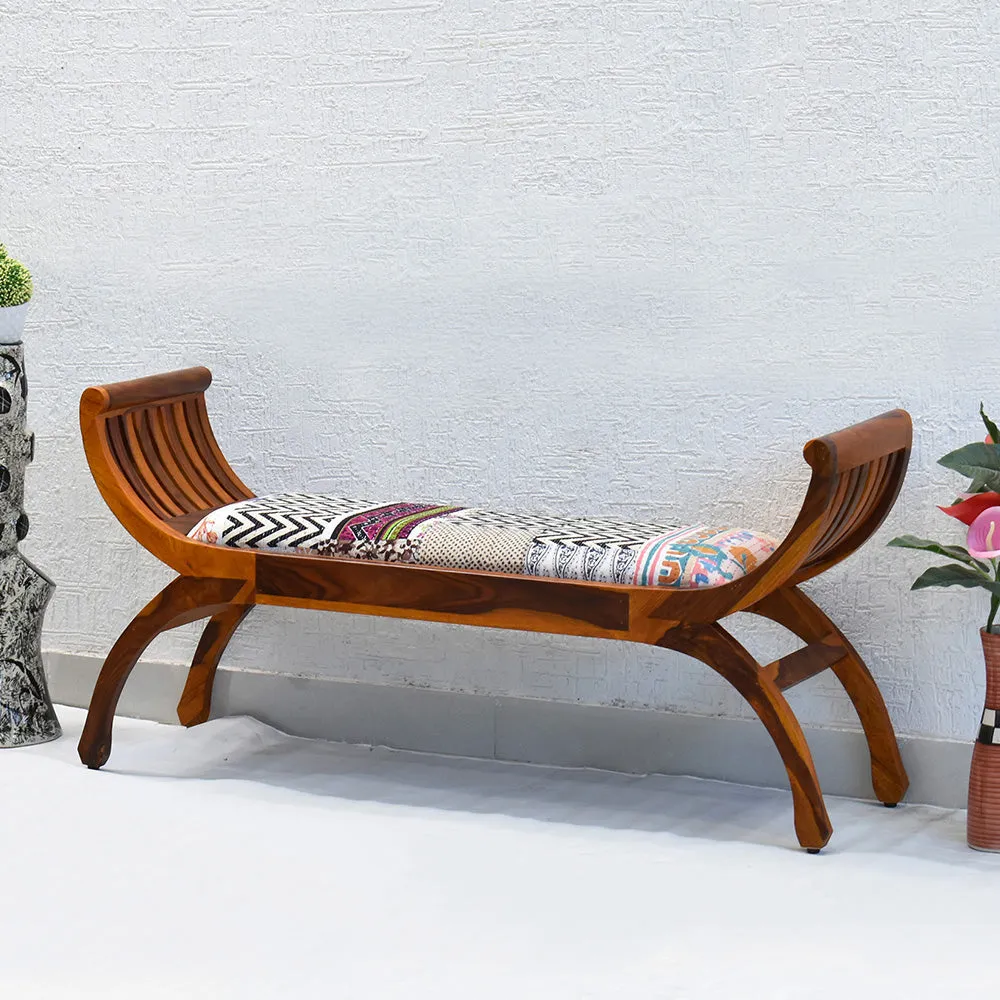 White Traditional Kantha Gudri Patchwork Yellow Brown Wooden Two Seater Sofa