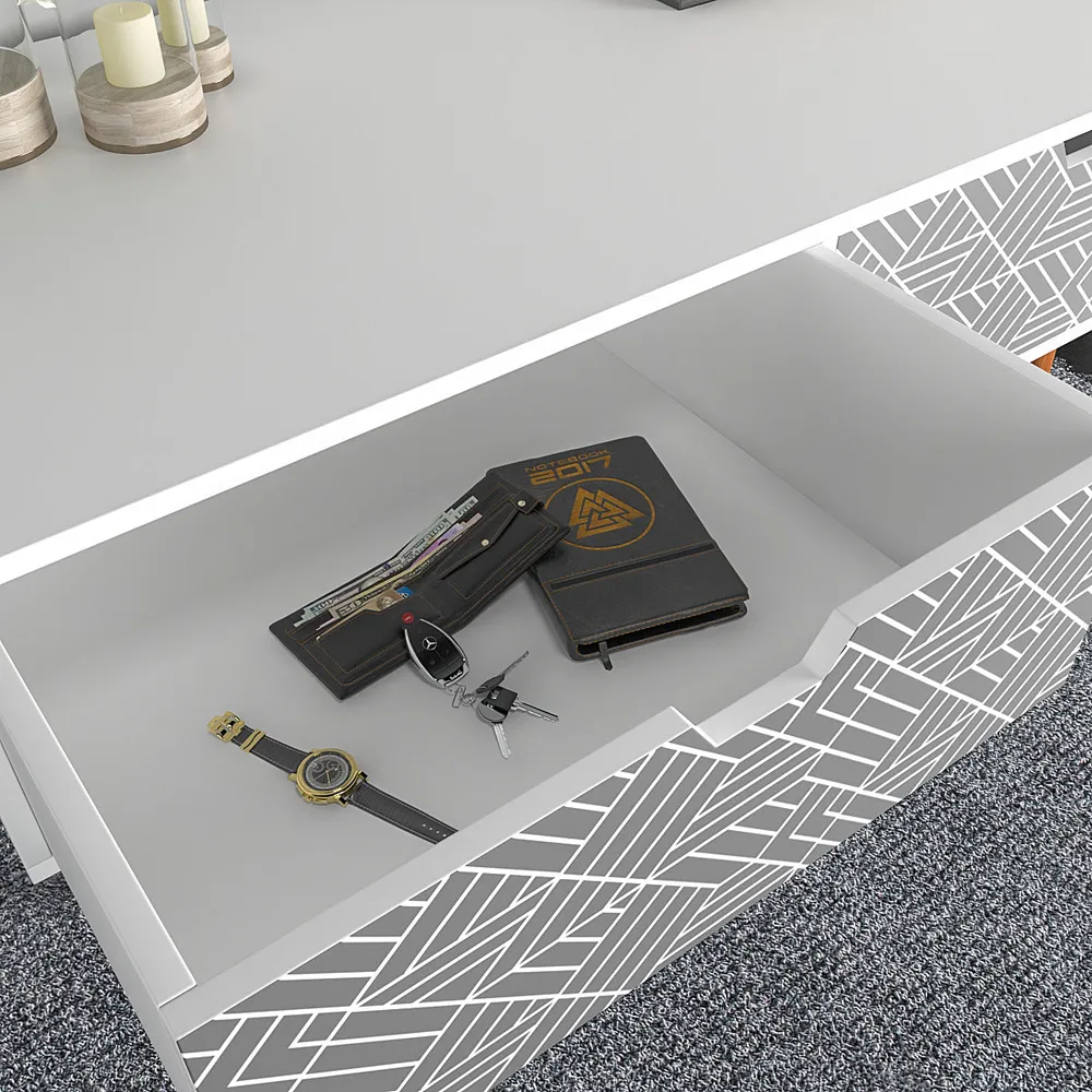 White Wooden Table With Drawers In White Aztec Pattern