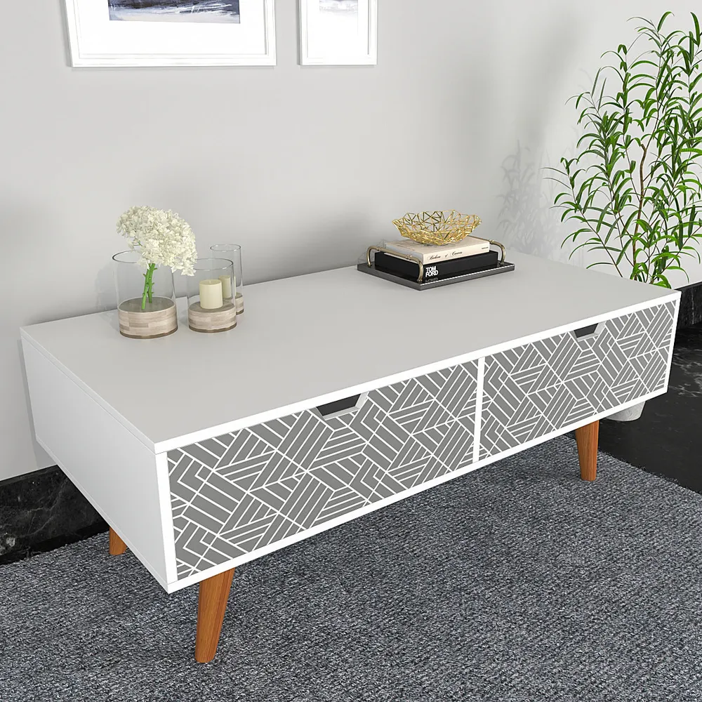 White Wooden Table With Drawers In White Aztec Pattern
