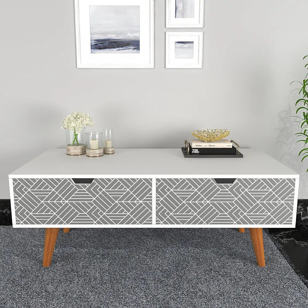 White Wooden Table With Drawers In White Aztec Pattern