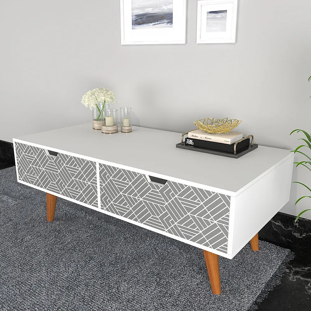 White Wooden Table With Drawers In White Aztec Pattern