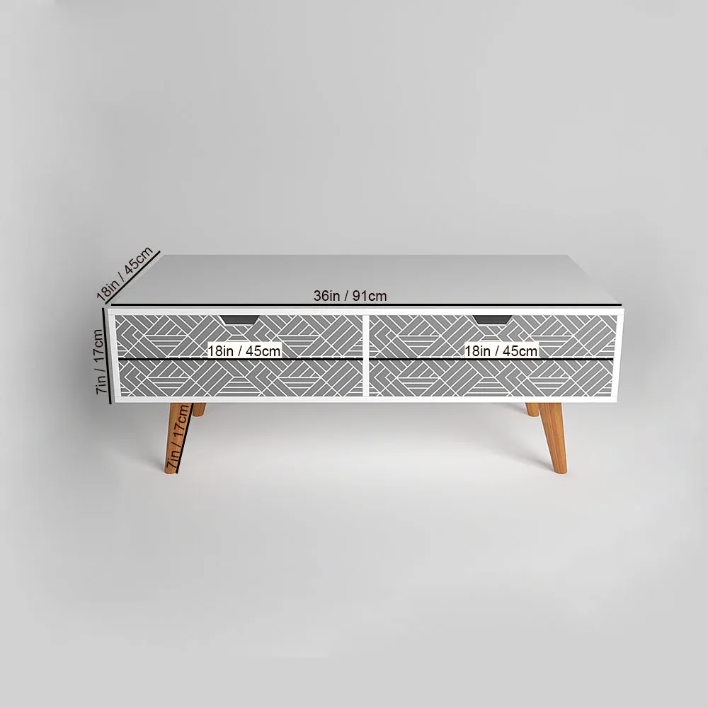White Wooden Table With Drawers In White Aztec Pattern