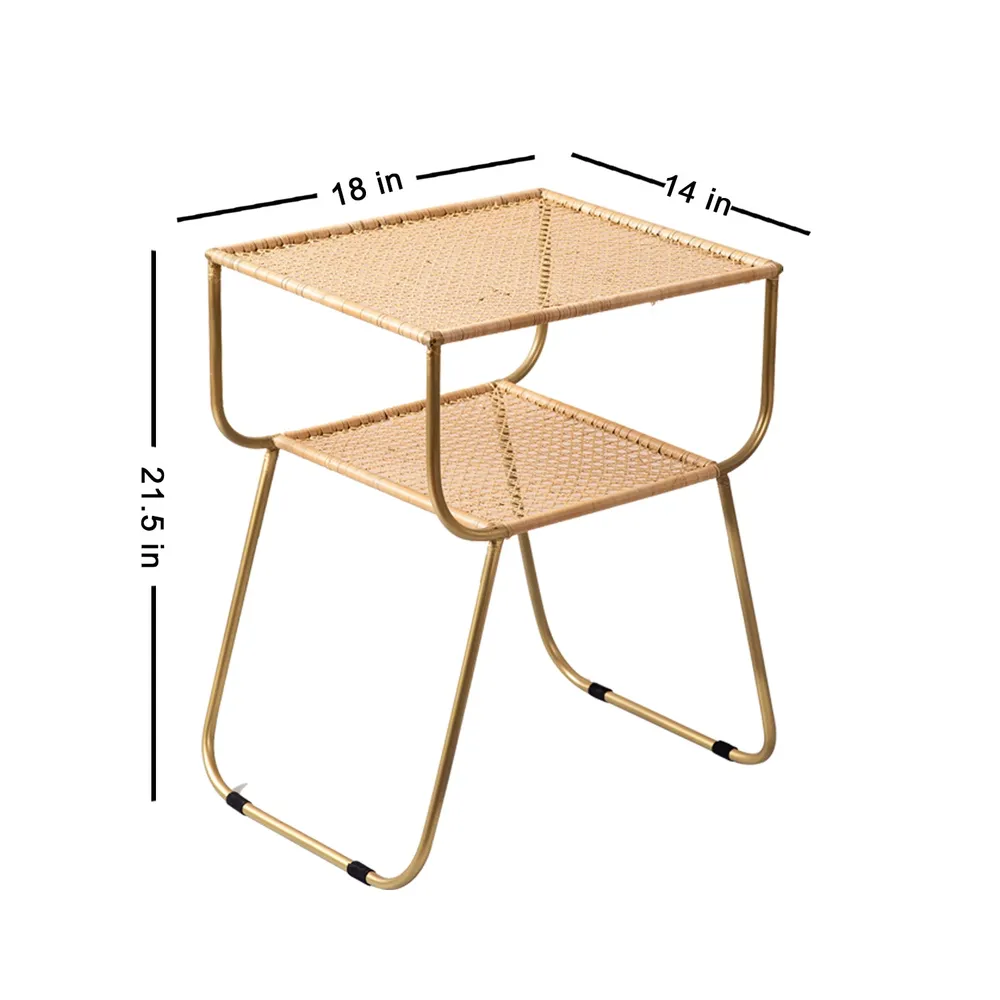 Wicker Iron and Cane Slanting Lustrous Gold Side Table