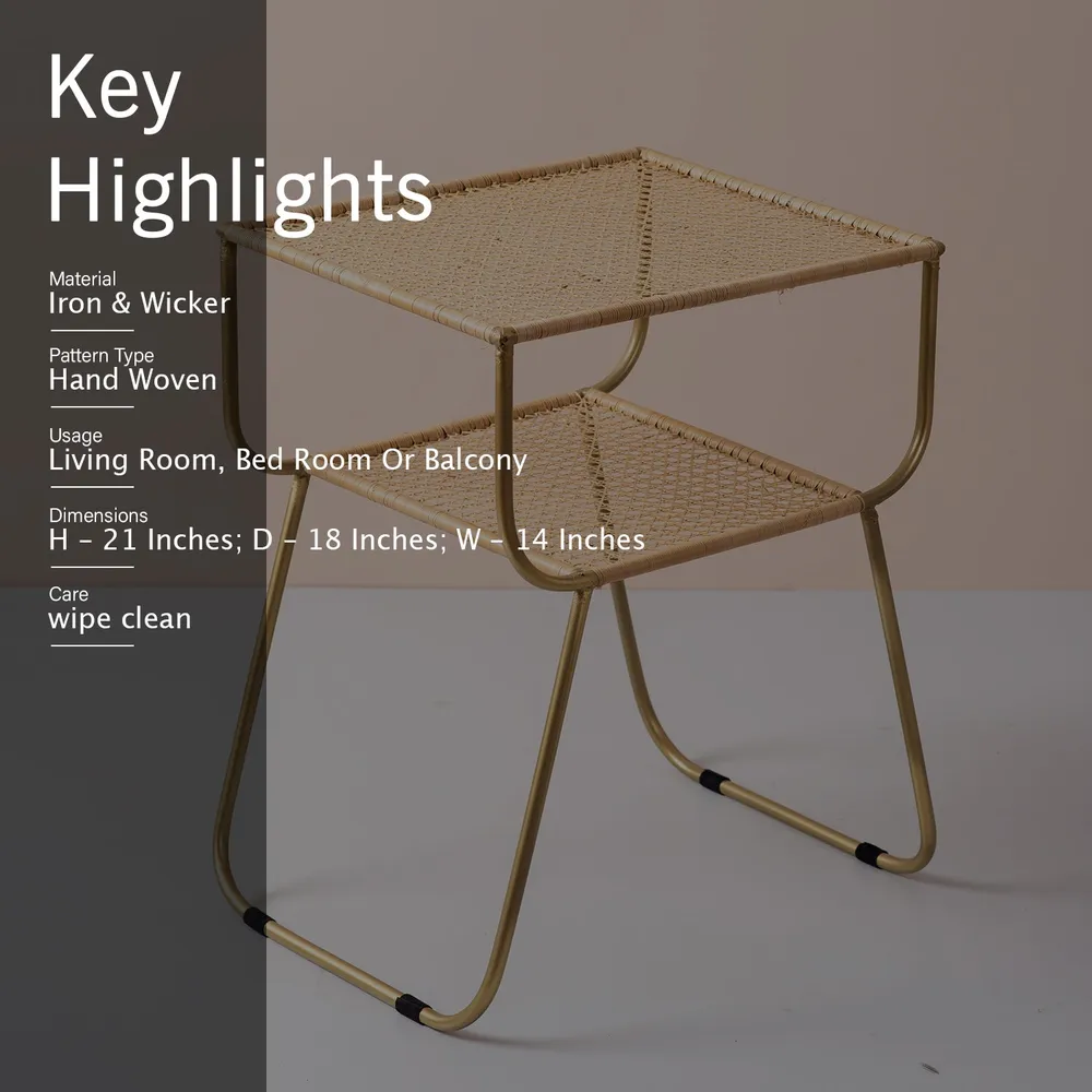 Wicker Iron and Cane Slanting Lustrous Gold Side Table