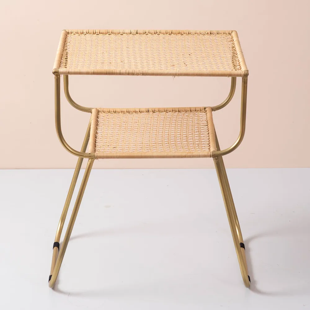 Wicker Iron and Cane Slanting Lustrous Gold Side Table Set Of 2