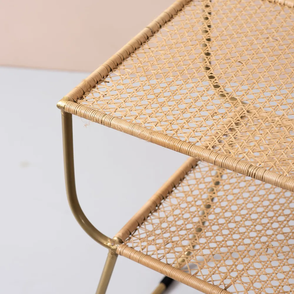 Wicker Iron and Cane Slanting Lustrous Gold Side Table Set Of 2