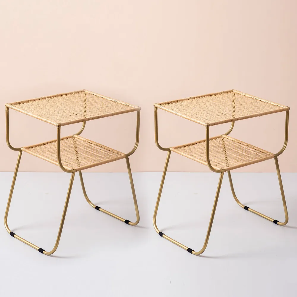 Wicker Iron and Cane Slanting Lustrous Gold Side Table Set Of 2