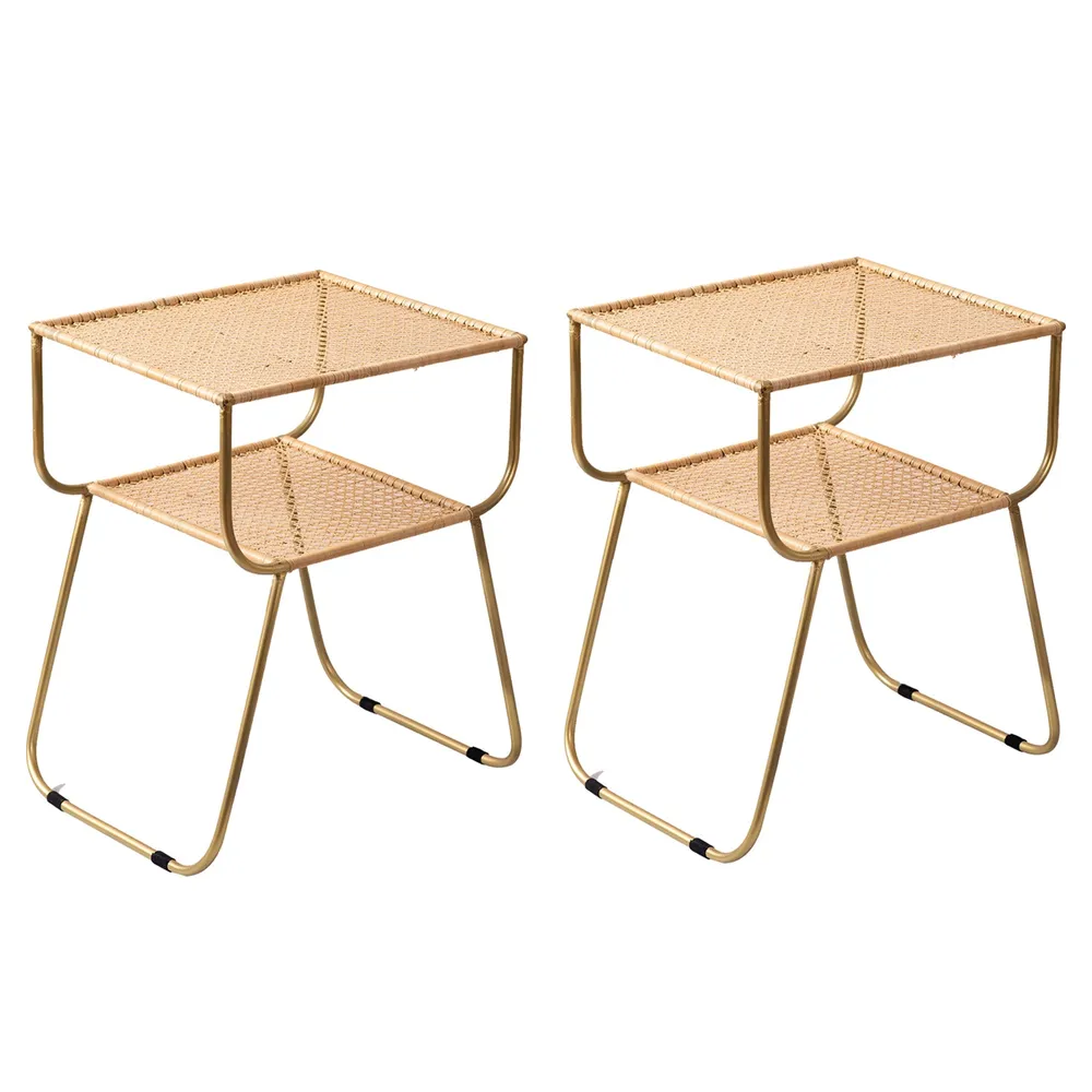 Wicker Iron and Cane Slanting Lustrous Gold Side Table Set Of 2