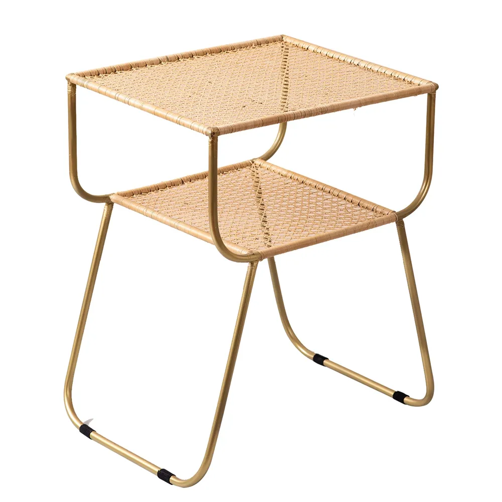 Wicker Iron and Cane Slanting Lustrous Gold Side Table Set Of 2
