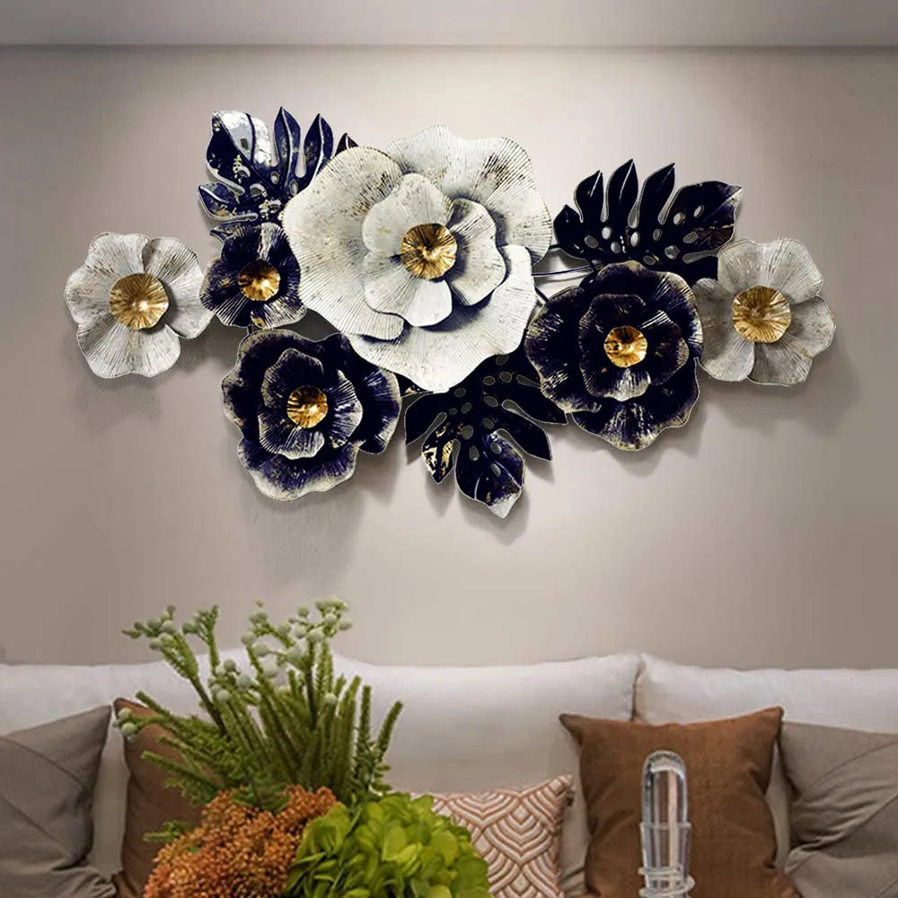 Wild Floral White & Blue Large Metal Wall Art