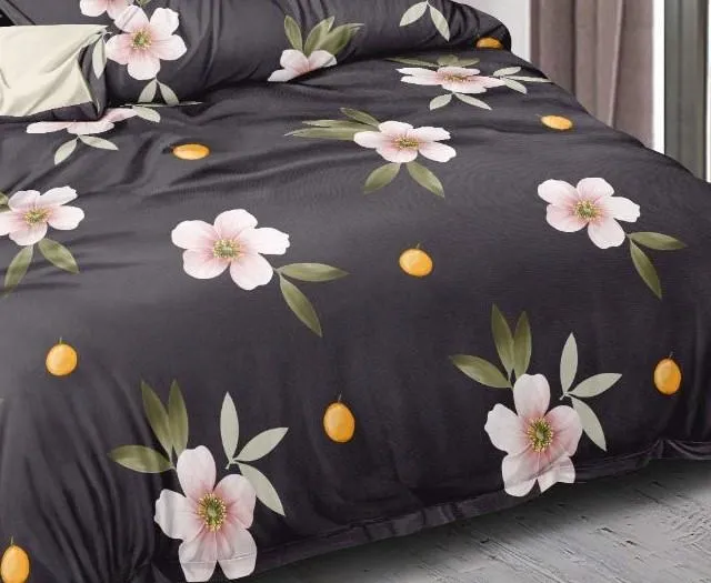 Wild Peach Flowers Designer Floral  Bedsheet With 2 Pillow Covers (Chocolate Brown)