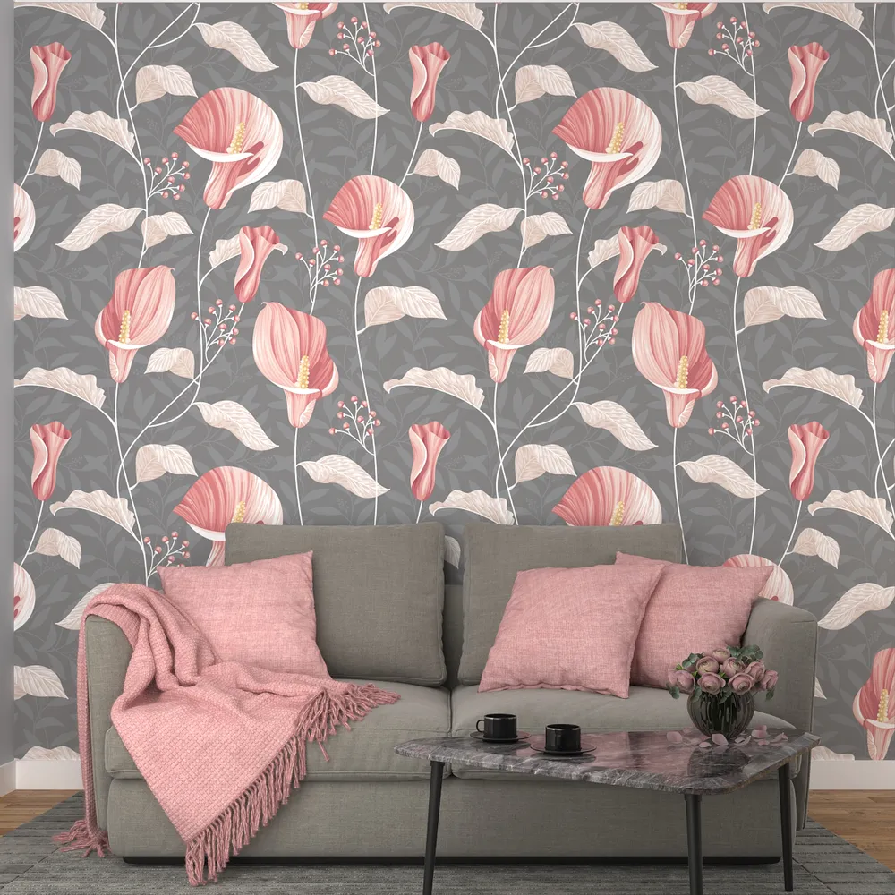 Wild Pink Flowers On Grey Background Premium Quality Wallpaper